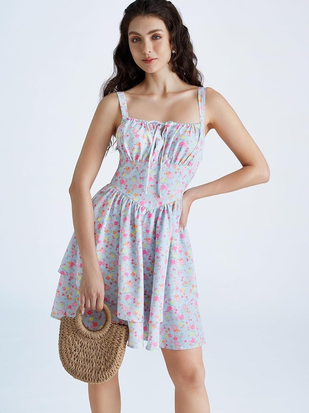 Floral Tiered Midi Dress in Pastel Blue